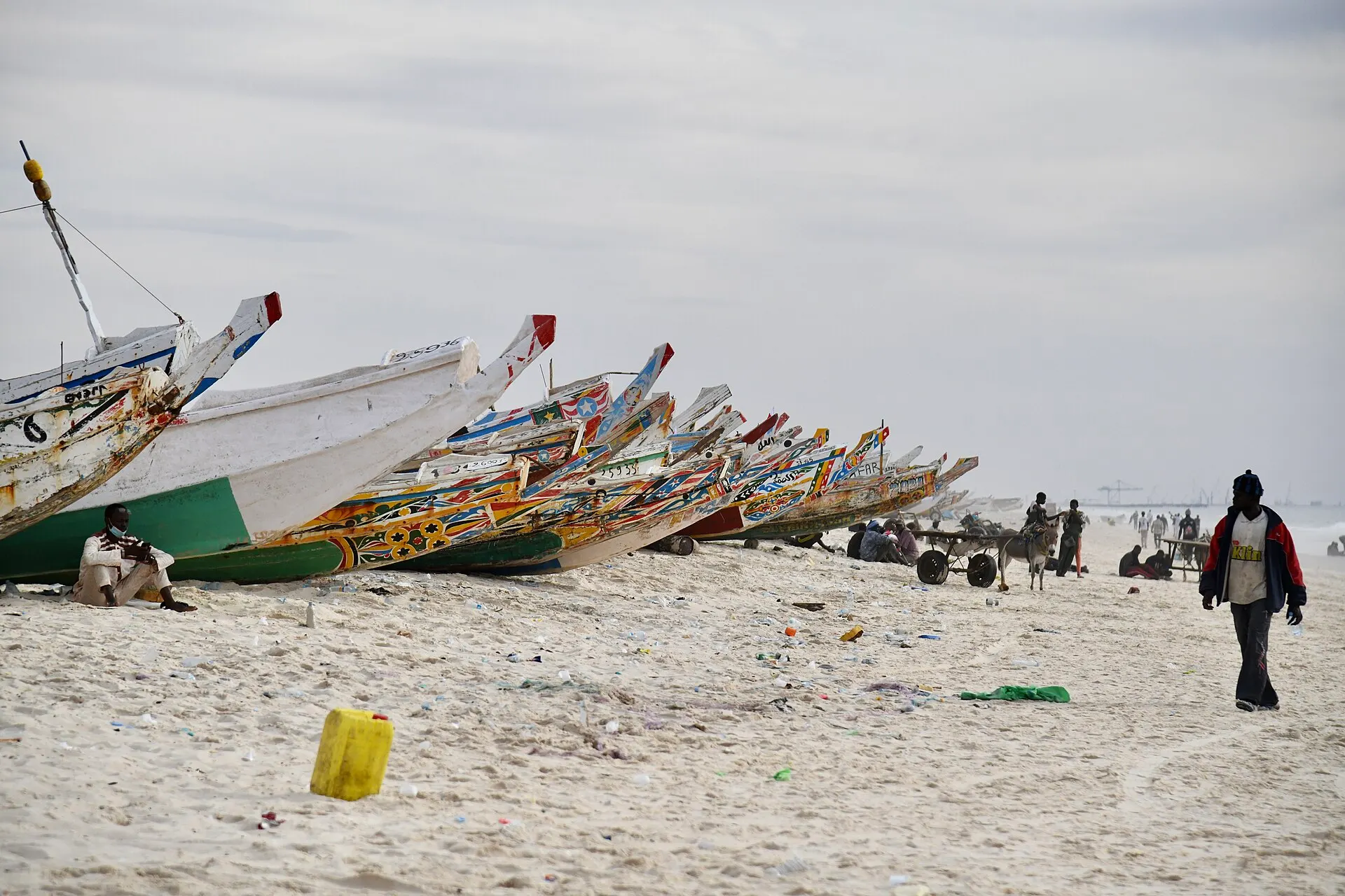 Painted wooden pirogues pulled up on a Mauritanian beach