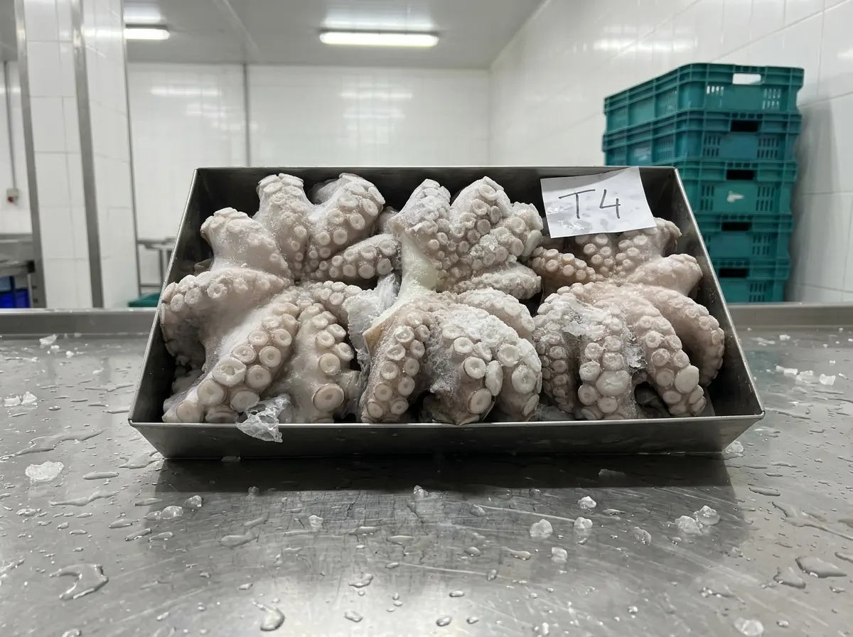 Frozen whole octopus in flower shape in a stainless-steel tray with a handwritten T4 grade tag