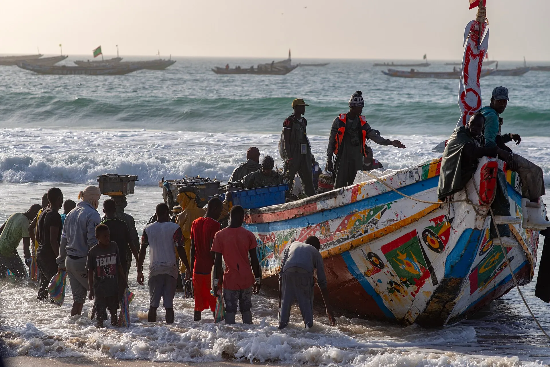 A pirogue landing its catch on the beach of Nouakchott