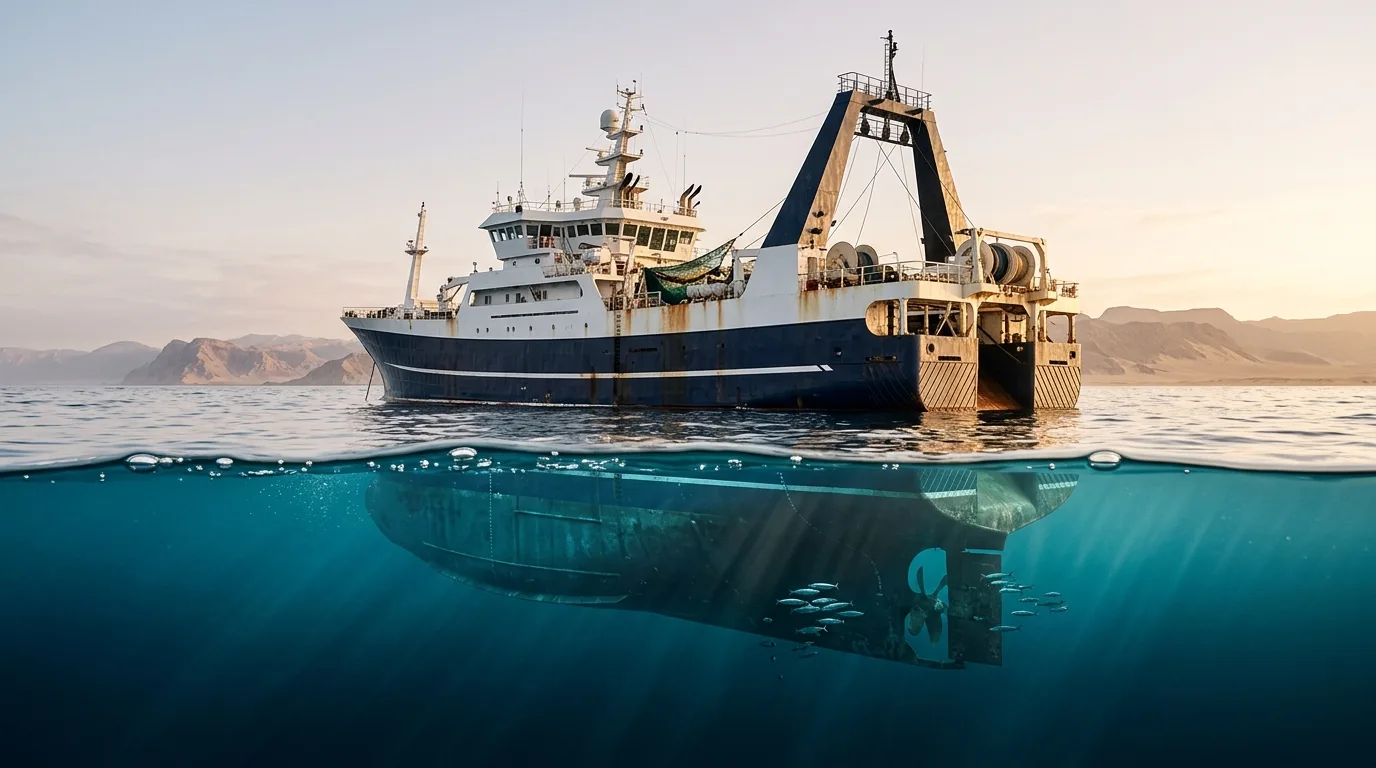 Industrial fishing trawler, half above and half below the waterline, off the desert coast